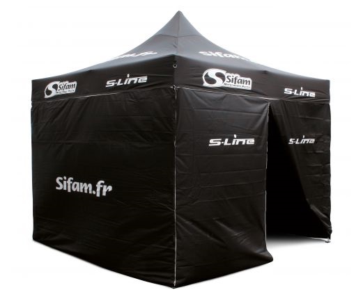 TENTE TONNELLE BARNUM PUBLICITAIRE SIFAM NOIRE 3X3M STRUCTURE ACIER 30KG TOILE POLYESTER 250GR/M2