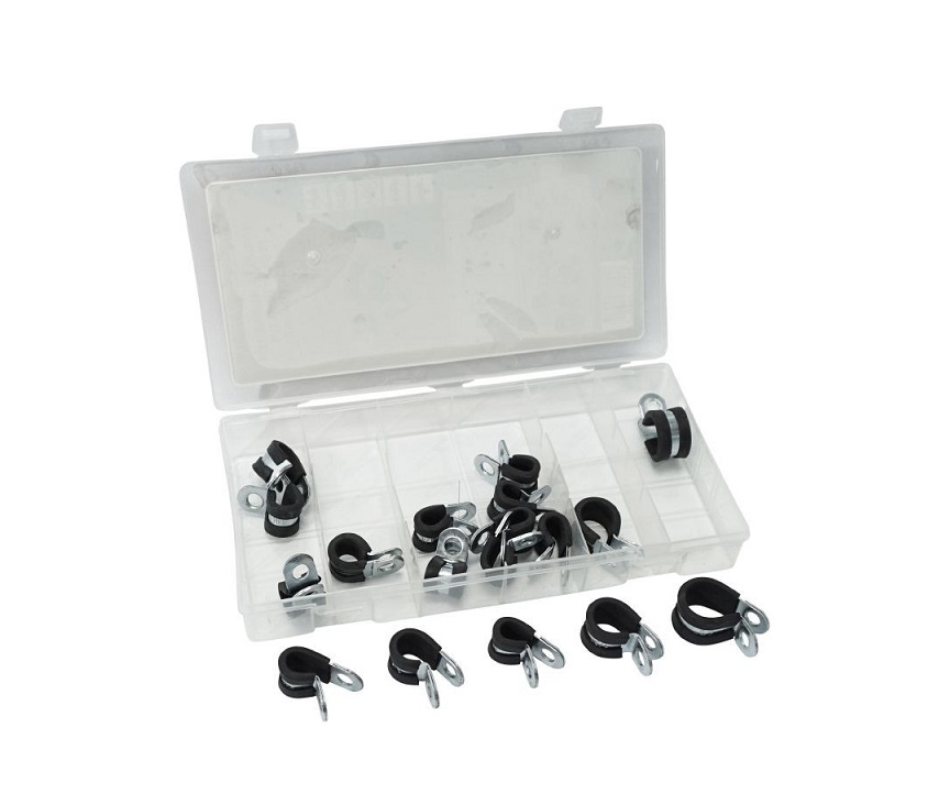 COFFRET ASSORTIMENT DE 18 COLLIERS DE SERRAGE CAOUTCHOUC ZINGUE 5 TAILLES 1/4 - 5/16 - 3/8 - 1/2 - 5/8