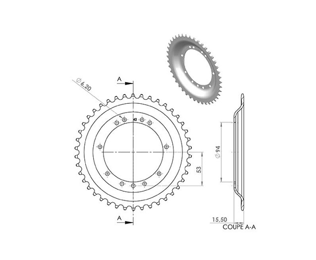 COURONNE ACIER CYCLO CHARVIN PEUGEOT 103 94 11 TROUS 42 DENTS