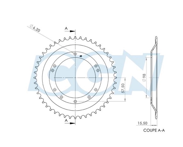 COURONNE ACIER CYCLO PEUGEOT 103 ROUE GRIMECA / BERNARDI DIAMETRE 98 10 TROUS 43 DENTS 
